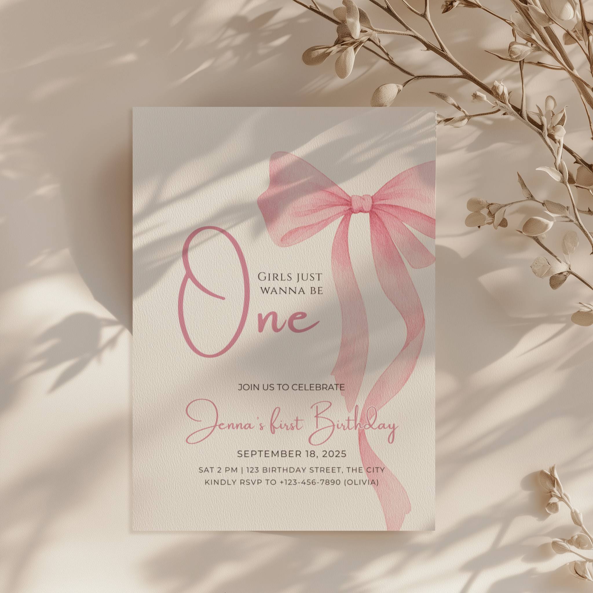 Girls just wanna be one birthday invitation with pink bow design for a baby girl first birthday party