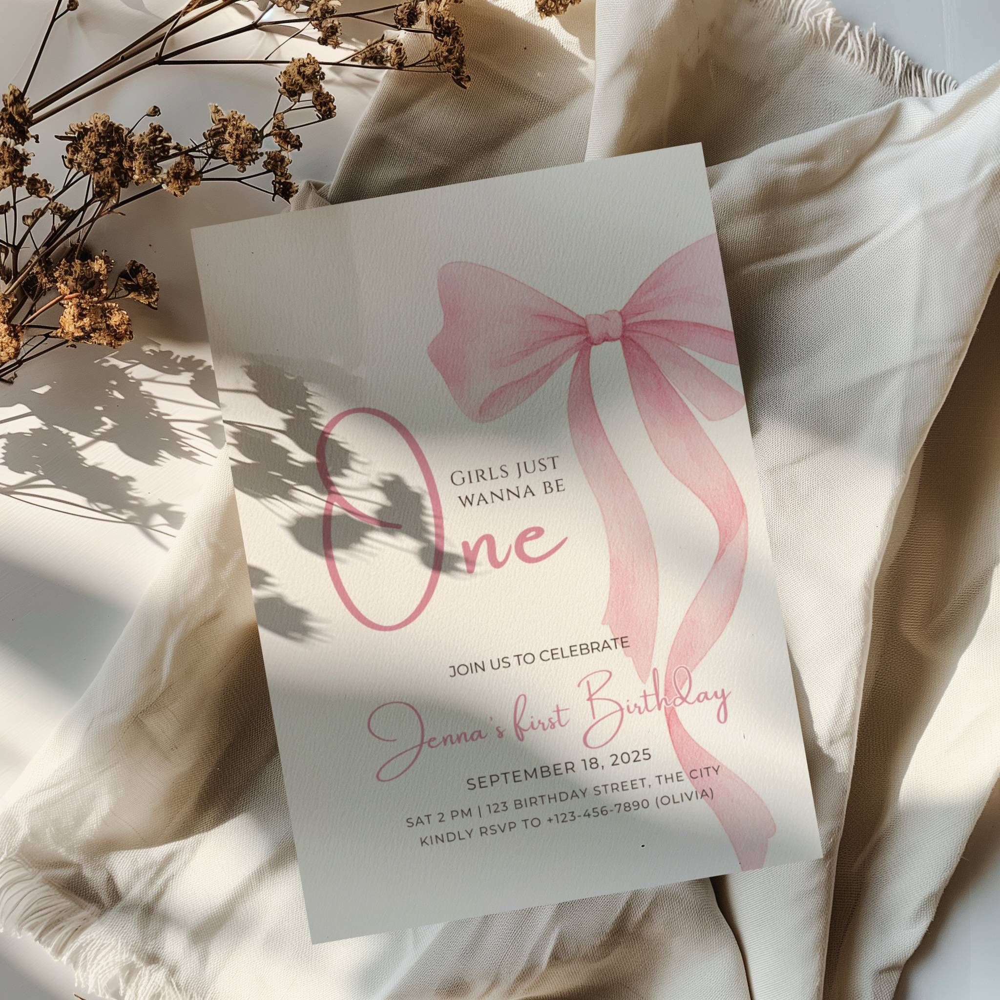 Girls just wanna be one birthday invitation with pink bow design for a baby girl first birthday party