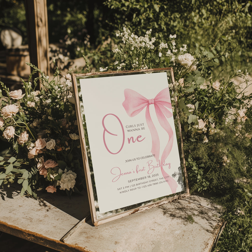 Girls just wanna be one birthday invitation with pink bow design for a baby girl first birthday party