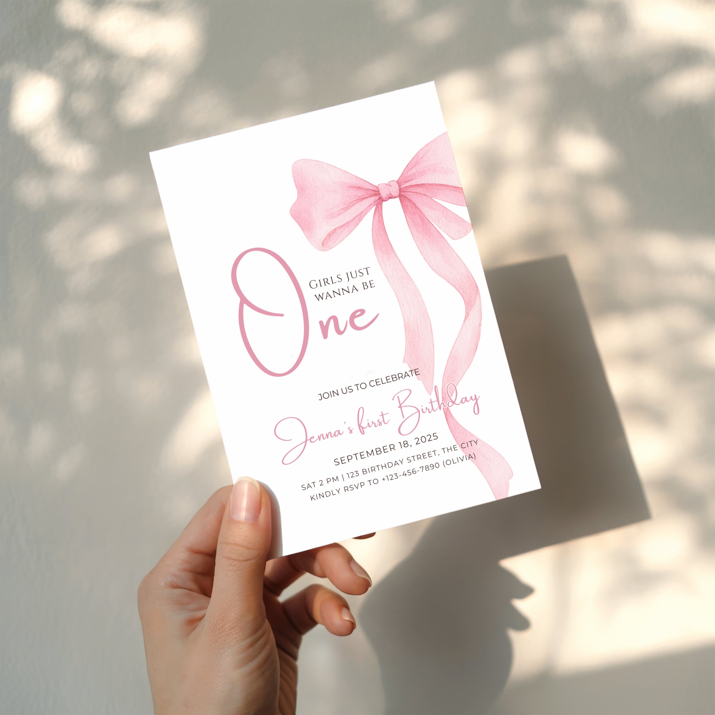 Girls just wanna be one birthday invitation with pink bow design for a baby girl first birthday party
