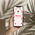 Berry first birthday invitation with strawberry pattern and red playful design for a girl birthday party