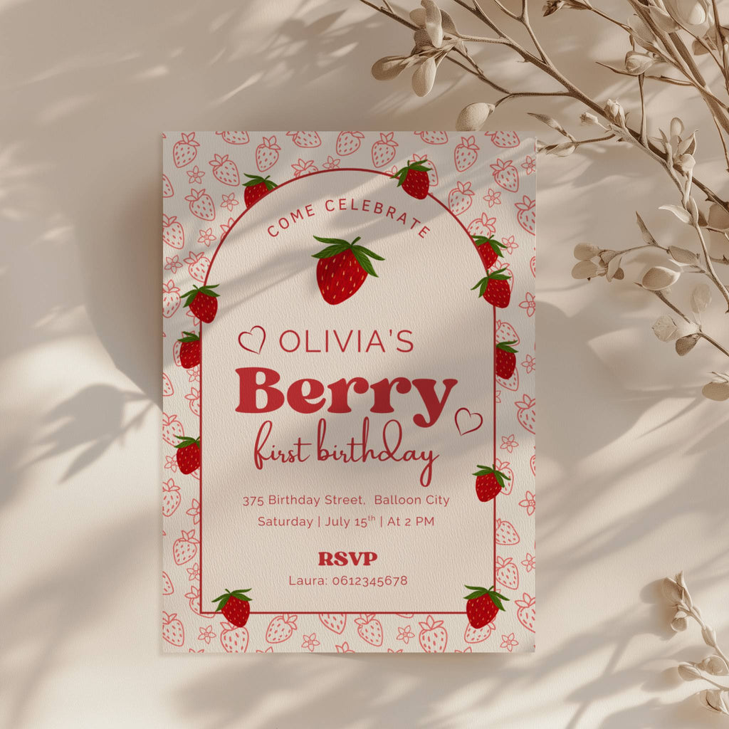 Berry first birthday invitation with strawberry pattern and red playful design for a girl birthday party