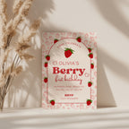 Berry first birthday invitation with strawberry pattern and red playful design for a girl birthday party