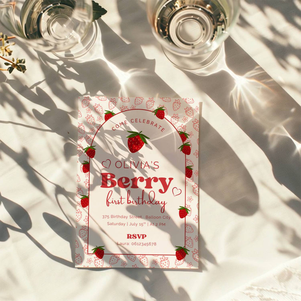 Berry first birthday invitation with strawberry pattern and red playful design for a girl birthday party