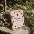 Berry first birthday invitation with strawberry pattern and red playful design for a girl birthday party