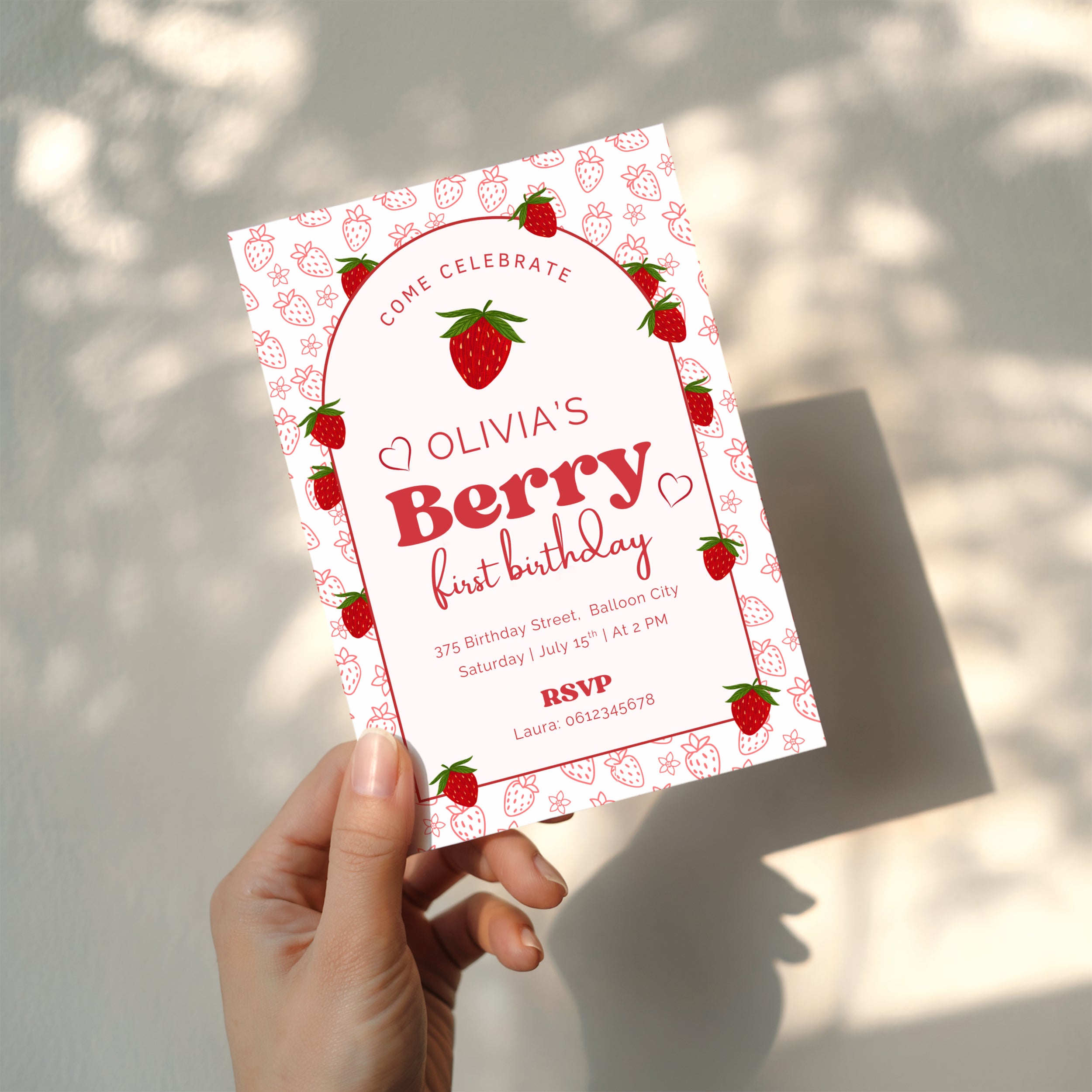 Berry first birthday invitation with strawberry pattern and red playful design for a girl birthday party