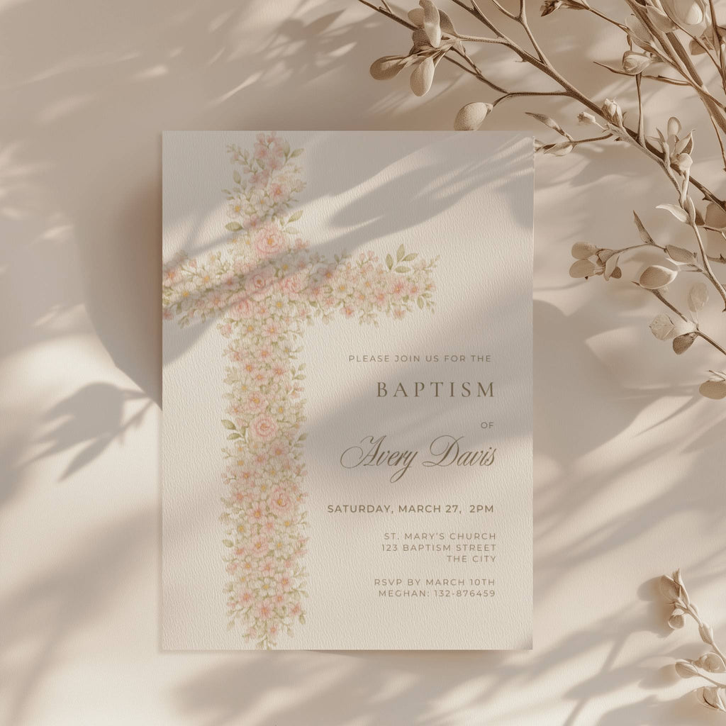 Floral baptism invitation with soft pastel cross made of flowers for a baby girl christening celebration
