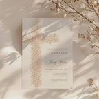 Floral baptism invitation with soft pastel cross made of flowers for a baby girl christening celebration