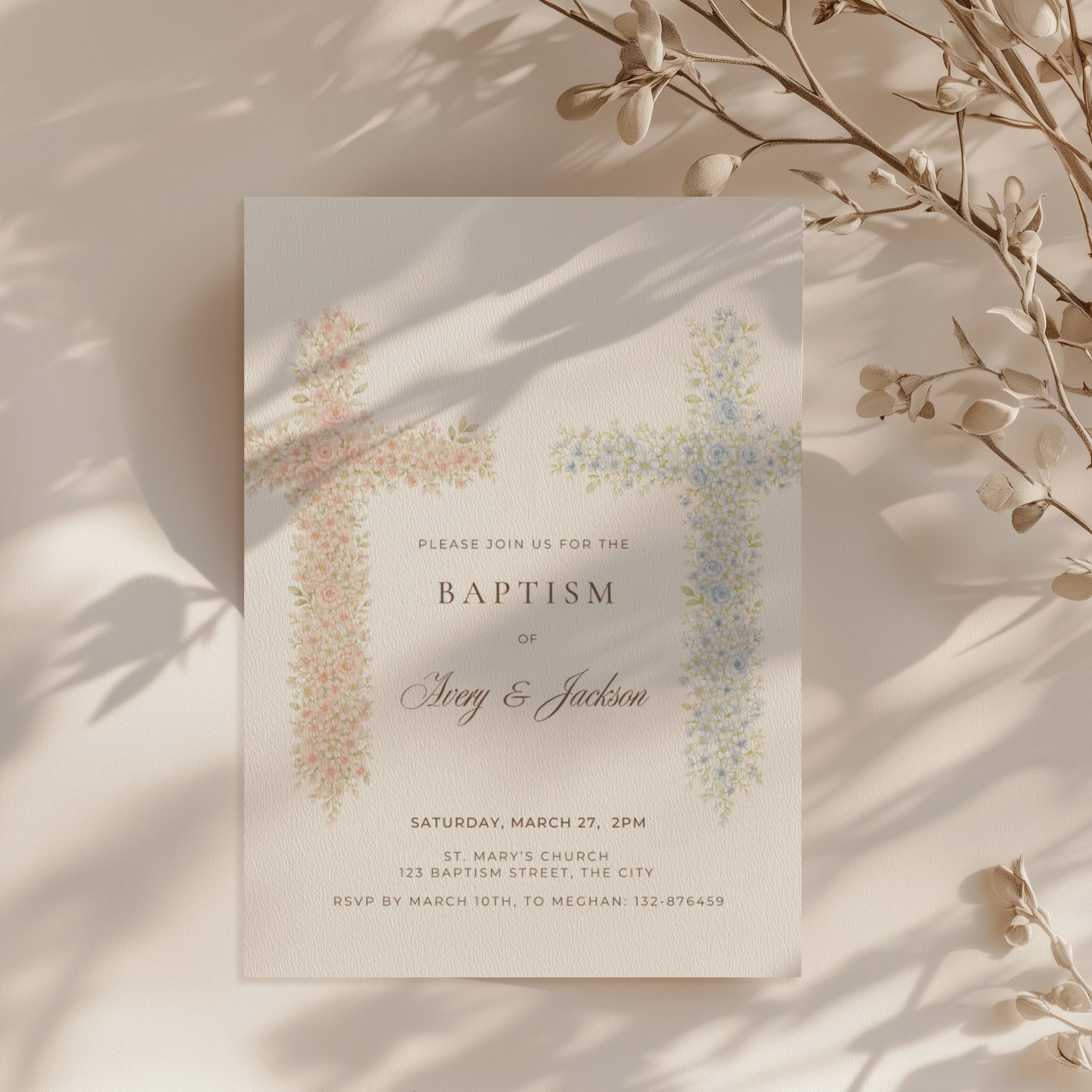 Soft pink and blue floral cross baptism invitation for twins or siblings with elegant watercolor flowers