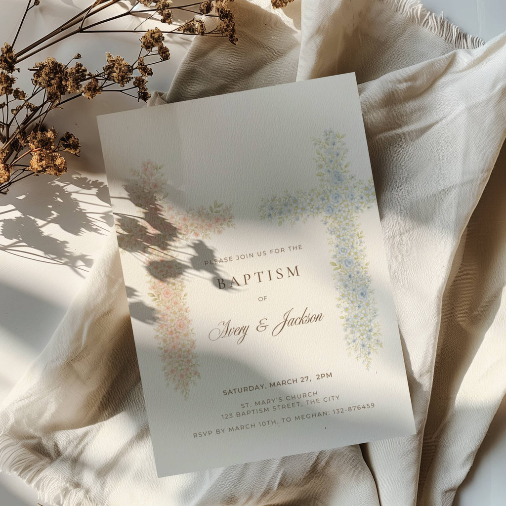 Soft pink and blue floral cross baptism invitation for twins or siblings with elegant watercolor flowers