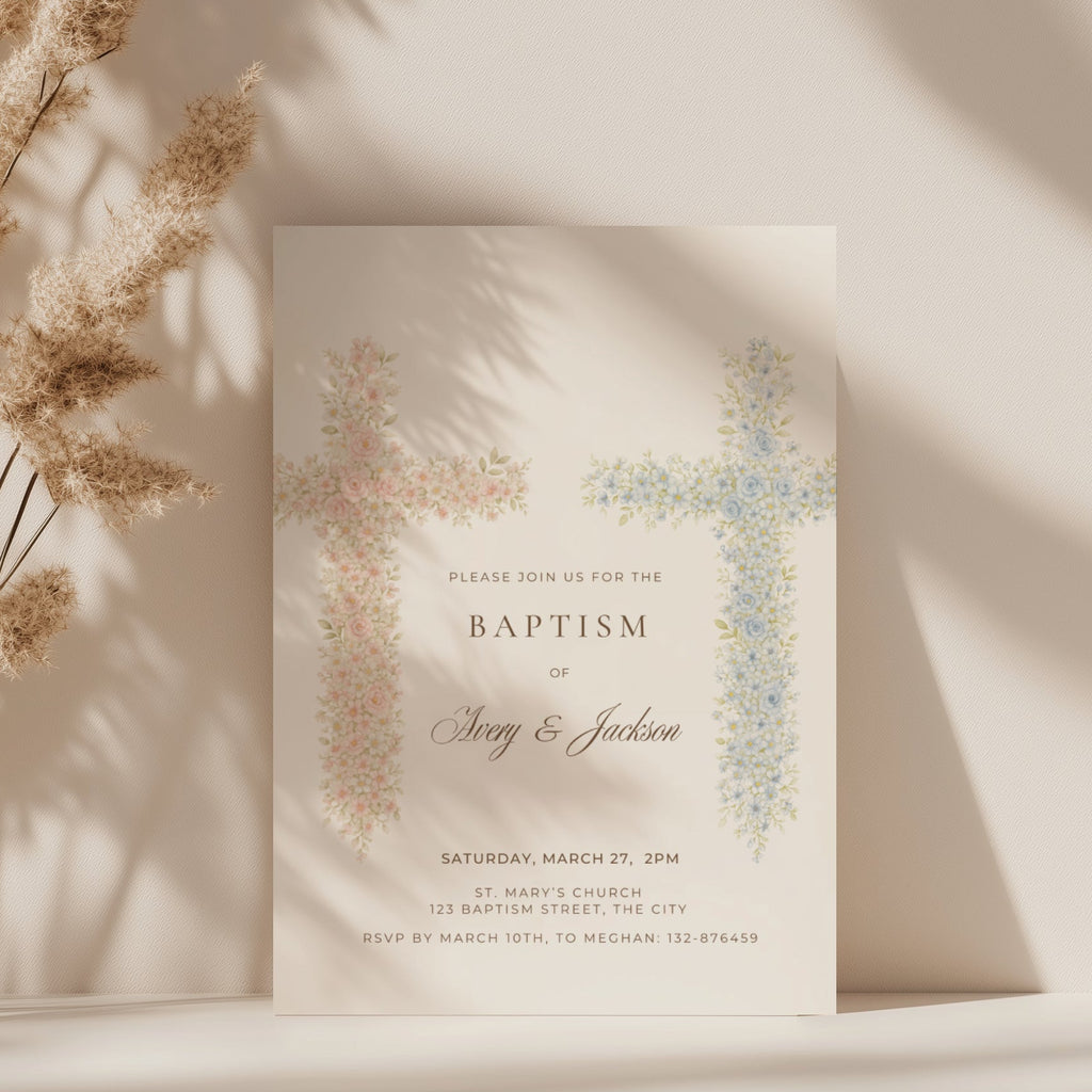 Soft pink and blue floral cross baptism invitation for twins or siblings with elegant watercolor flowers