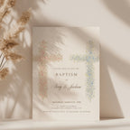 Soft pink and blue floral cross baptism invitation for twins or siblings with elegant watercolor flowers