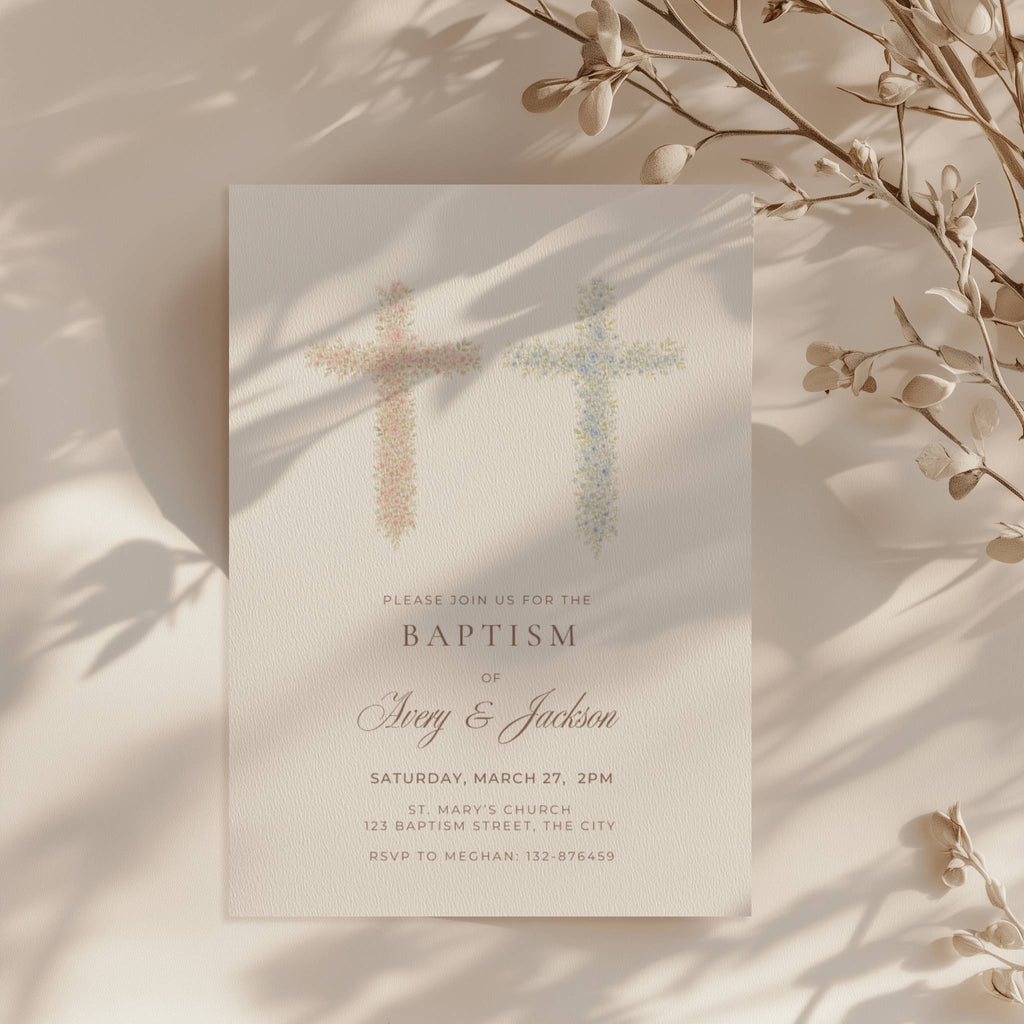 Pastel pink and blue floral cross baptism invitation for twins or siblings with elegant watercolor flowers