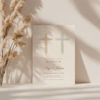 Pastel pink and blue floral cross baptism invitation for twins or siblings with elegant watercolor flowers