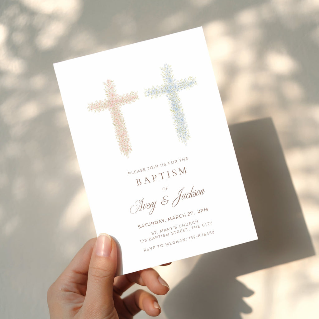 Pastel pink and blue floral cross baptism invitation for twins or siblings with elegant watercolor flowers