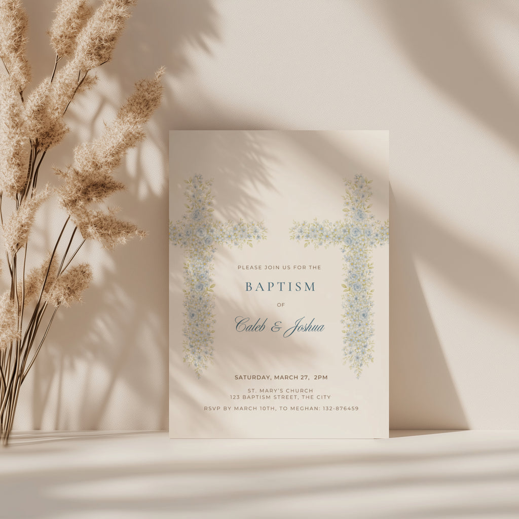 Soft blue floral cross baptism invitation for twins or siblings with elegant watercolor flowers