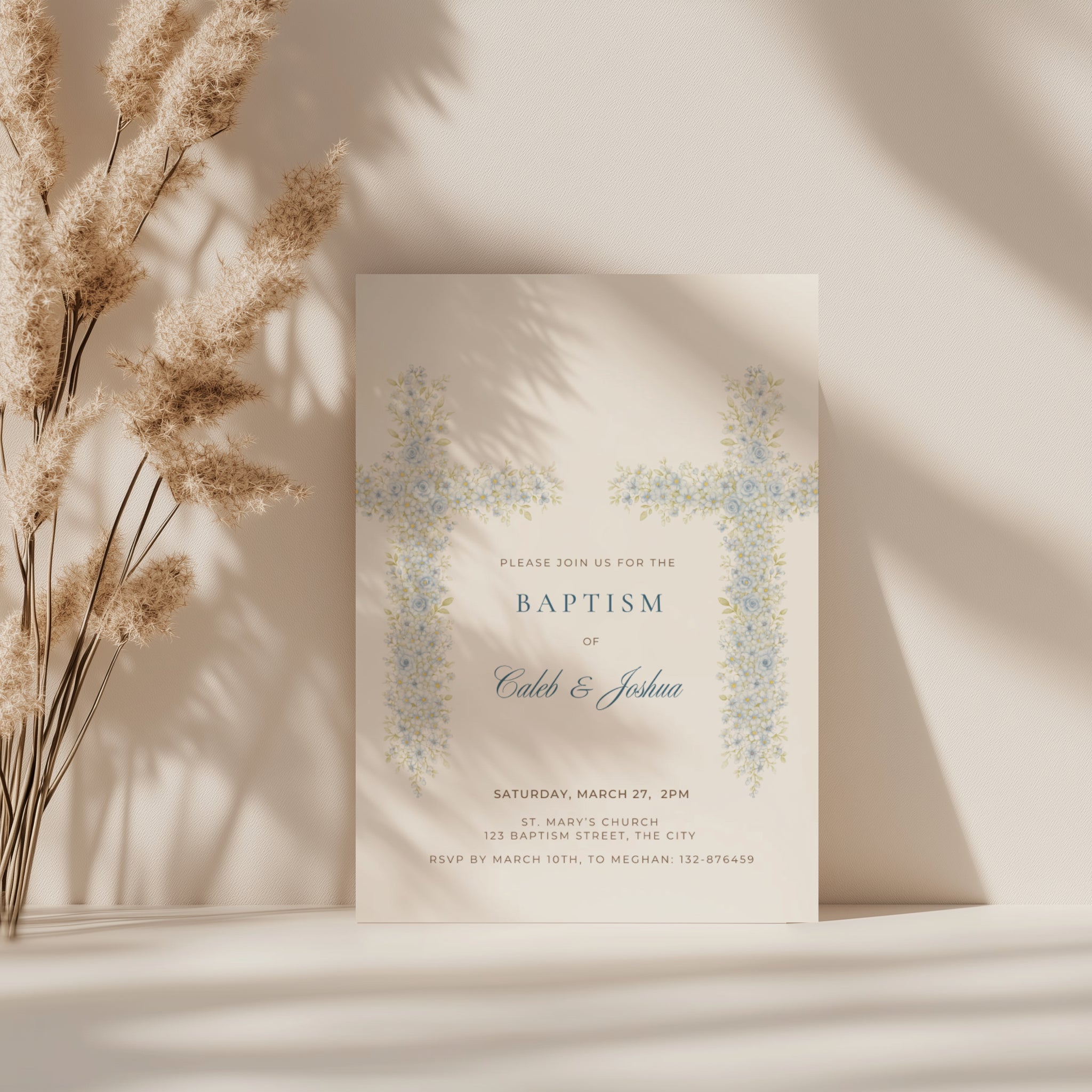 Soft blue floral cross baptism invitation for twins or siblings with elegant watercolor flowers