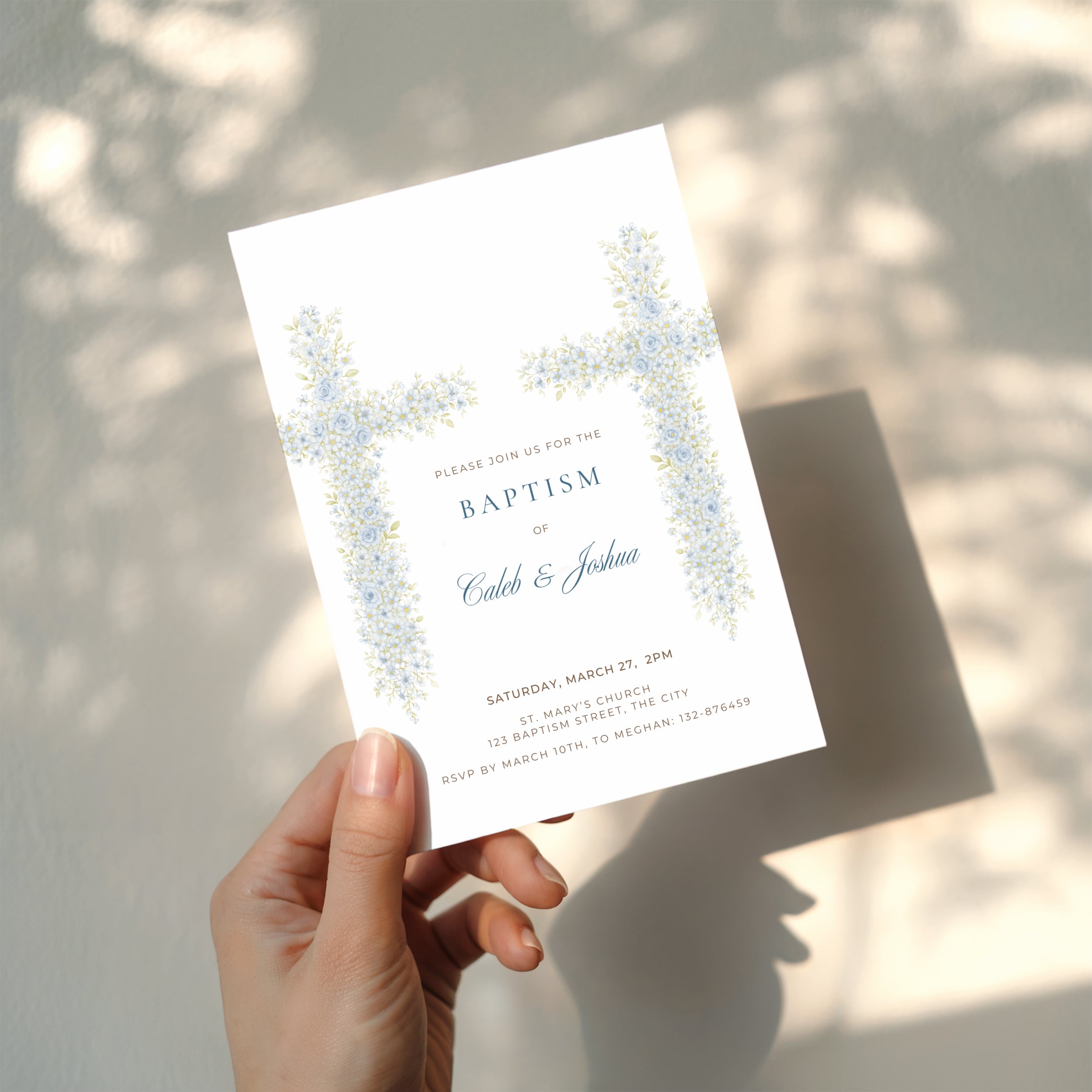 Soft blue floral cross baptism invitation for twins or siblings with elegant watercolor flowers