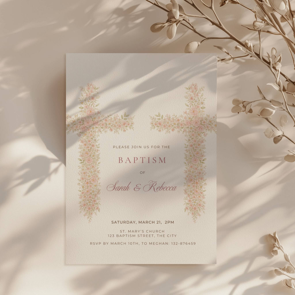 Soft pink floral cross baptism invitation for twins or siblings with elegant watercolor flowers girl twins