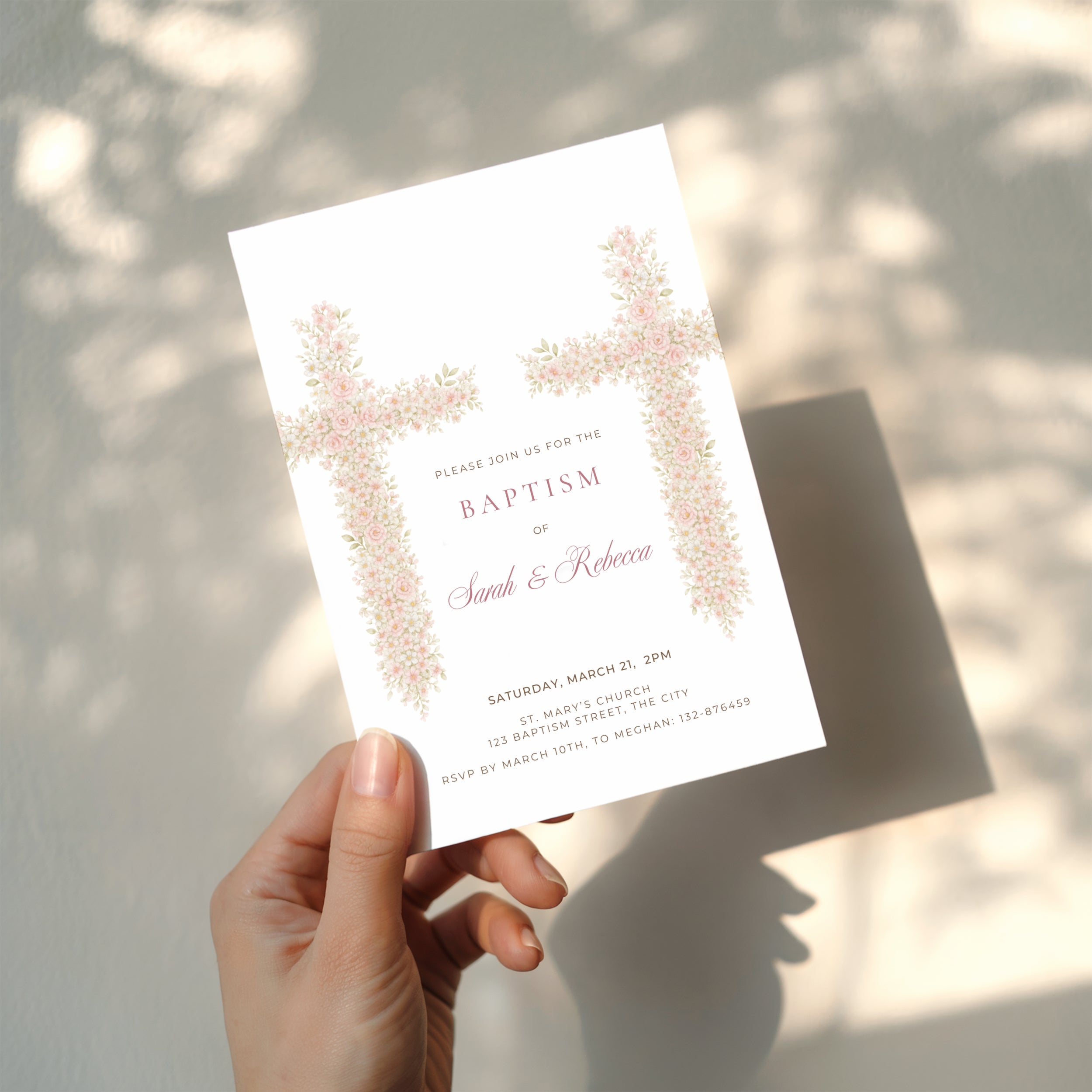 Soft pink floral cross baptism invitation for twins or siblings with elegant watercolor flowers girl twins