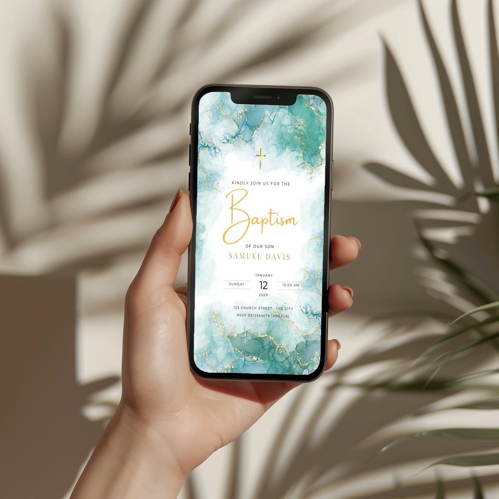 Teal marble baptism invitation with gold cross and elegant gold accents for a modern religious celebration