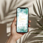 Teal marble baptism invitation with gold cross and elegant gold accents for a modern religious celebration