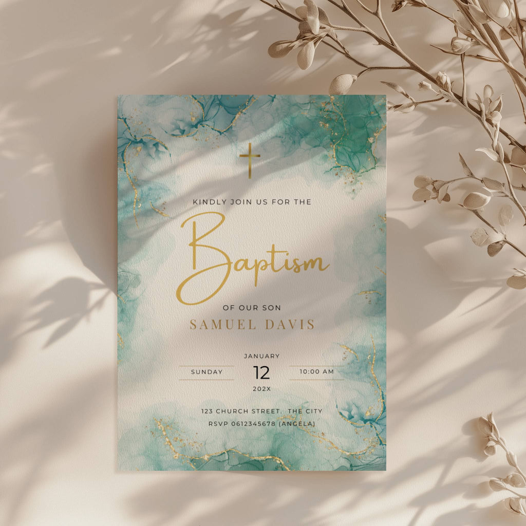 Teal marble baptism invitation with gold cross and elegant gold accents for a modern religious celebration