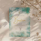 Teal marble baptism invitation with gold cross and elegant gold accents for a modern religious celebration