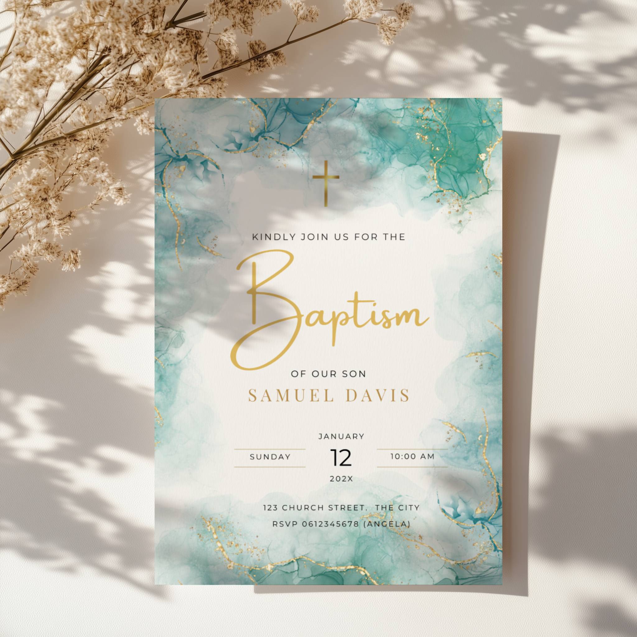 Teal marble baptism invitation with gold cross and elegant gold accents for a modern religious celebration