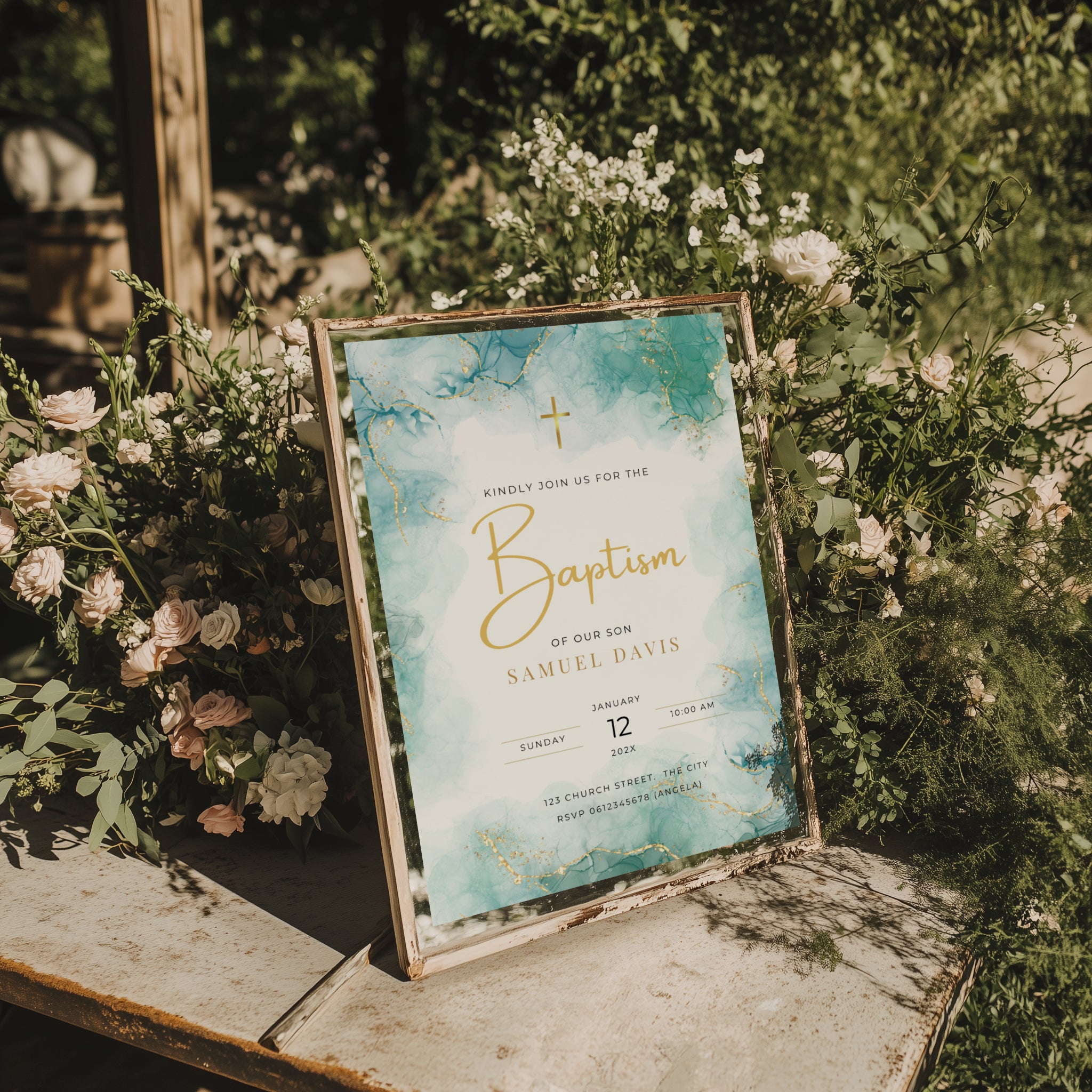 Teal marble baptism invitation with gold cross and elegant gold accents for a modern religious celebration
