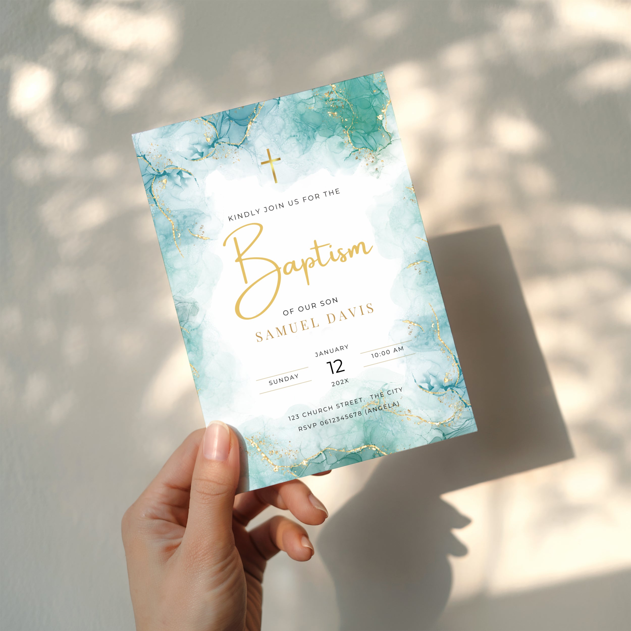Teal marble baptism invitation with gold cross and elegant gold accents for a modern religious celebration