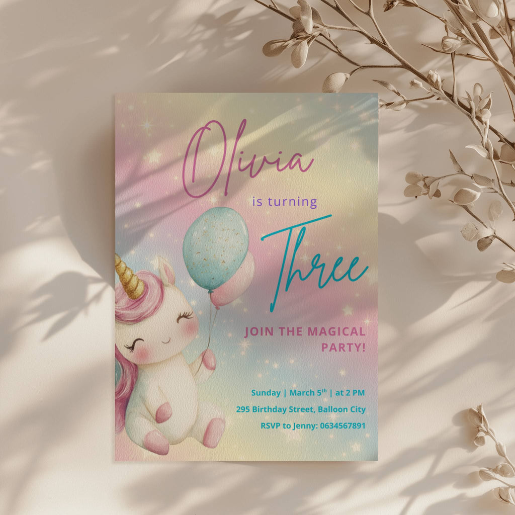 Pastel rainbow unicorn birthday invitation with balloons and magical theme for a girls birthday party