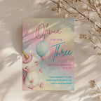 Pastel rainbow unicorn birthday invitation with balloons and magical theme for a girls birthday party