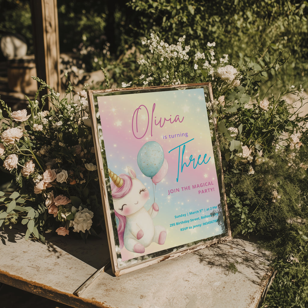 Pastel rainbow unicorn birthday invitation with balloons and magical theme for a girls birthday party