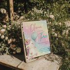 Pastel rainbow unicorn birthday invitation with balloons and magical theme for a girls birthday party