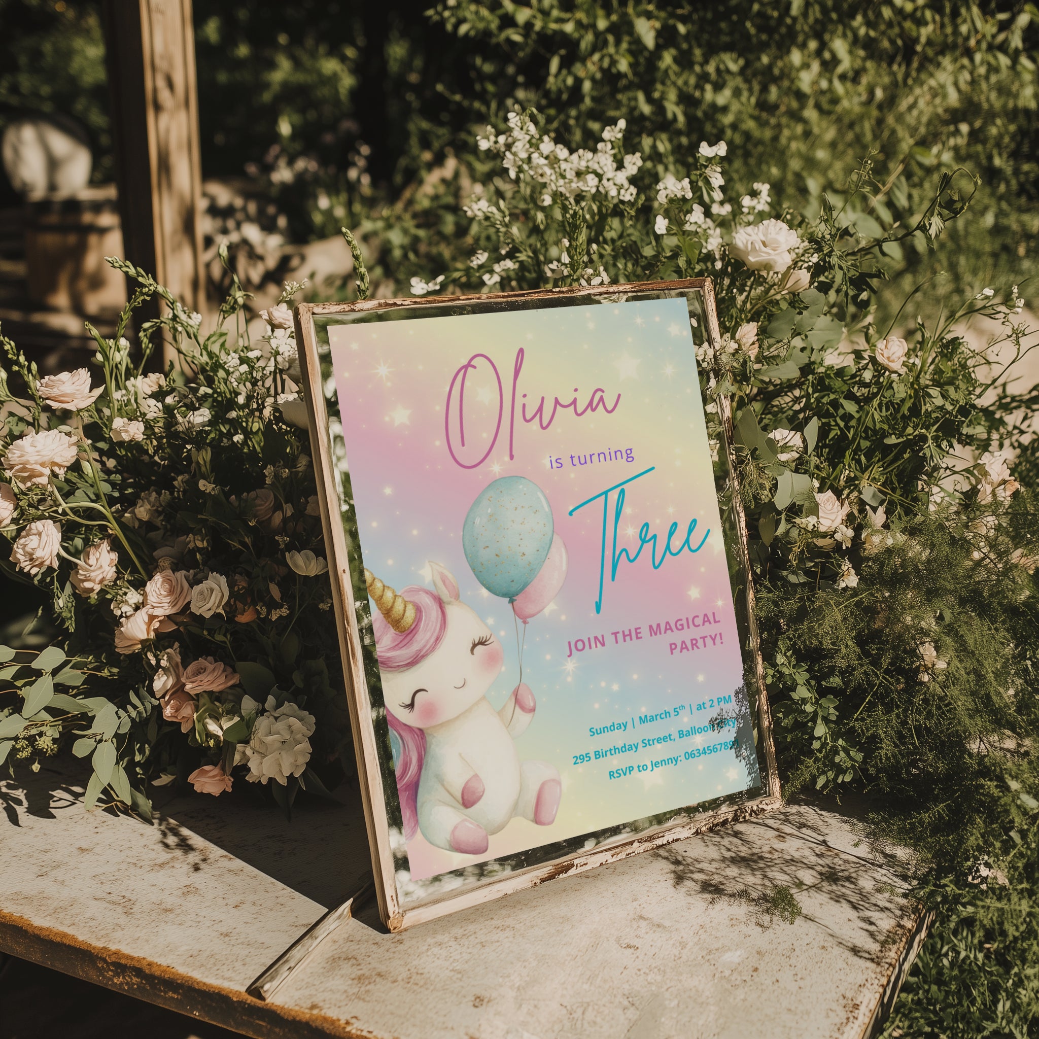 Pastel rainbow unicorn birthday invitation with balloons and magical theme for a girls birthday party