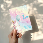 Pastel rainbow unicorn birthday invitation with balloons and magical theme for a girls birthday party