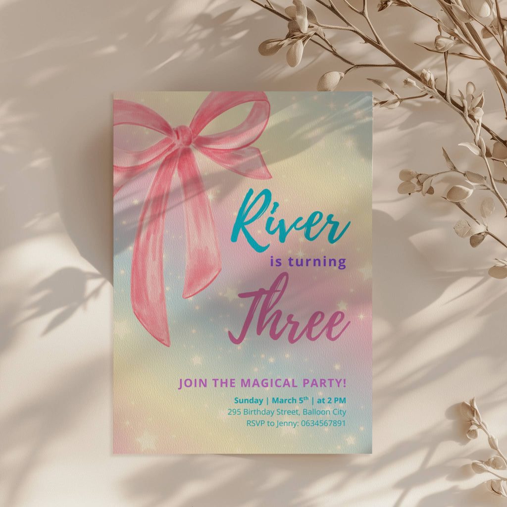 Pastel rainbow birthday invitation with large pink bow and sparkles for a magical girls birthday party