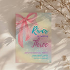 Pastel rainbow birthday invitation with large pink bow and sparkles for a magical girls birthday party