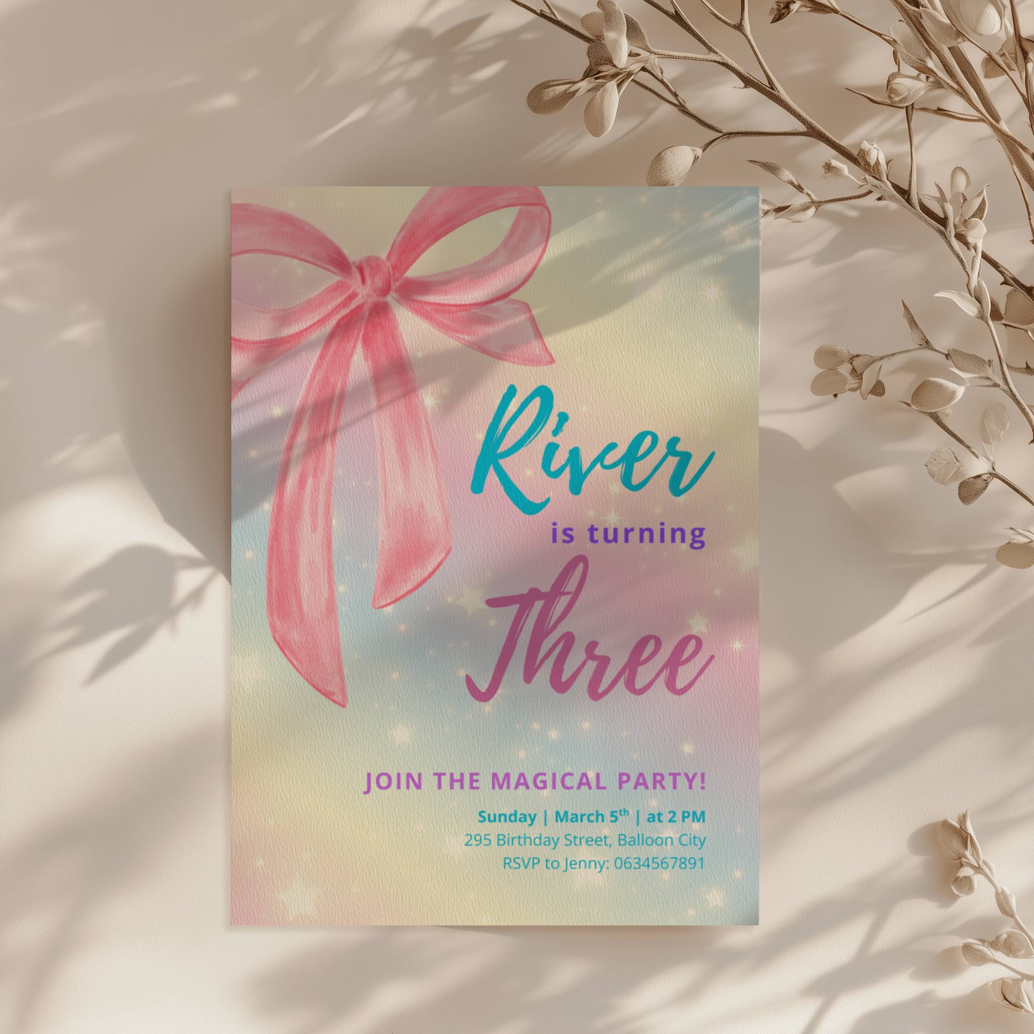 Pastel rainbow birthday invitation with large pink bow and sparkles for a magical girls birthday party