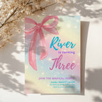 Pastel rainbow birthday invitation with large pink bow and sparkles for a magical girls birthday party
