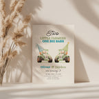 Twin birthday invitation with two green tractors wearing party hats in a cute farm theme design