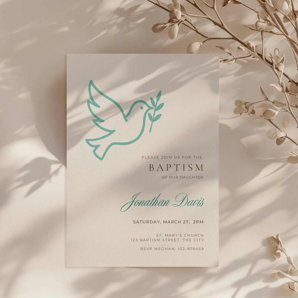 Minimalist baptism invitation with dove and olive branch symbol in a clean modern design