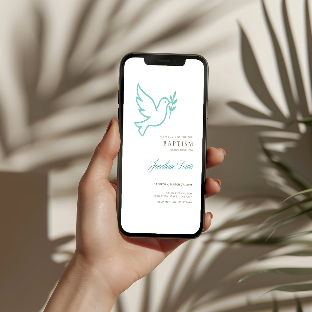 Minimalist baptism invitation with dove and olive branch symbol in a clean modern design
