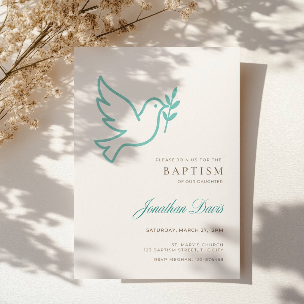 Minimalist baptism invitation with dove and olive branch symbol in a clean modern design