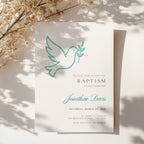 Minimalist baptism invitation with dove and olive branch symbol in a clean modern design