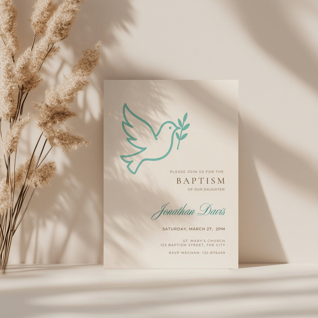 Minimalist baptism invitation with dove and olive branch symbol in a clean modern design