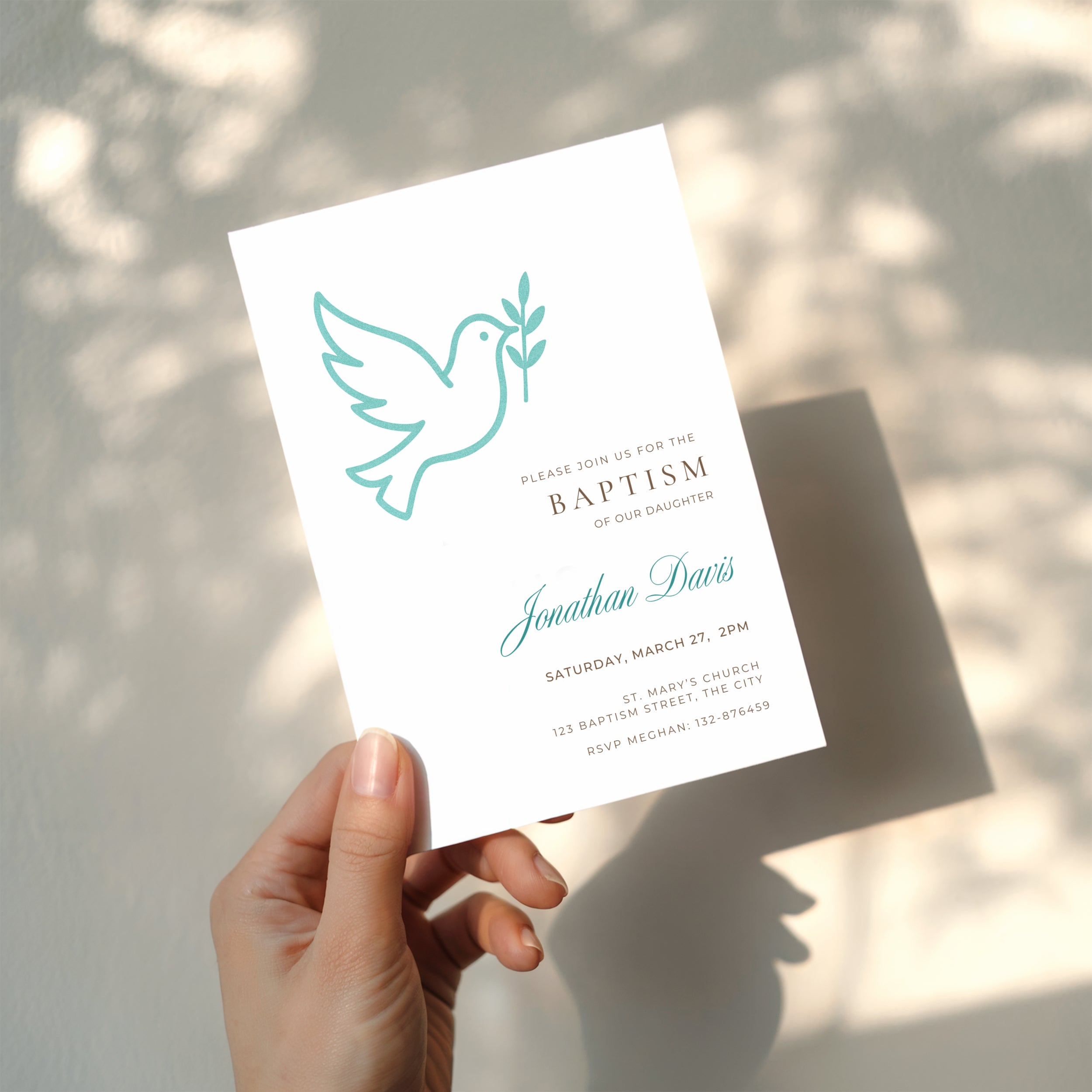 Minimalist baptism invitation with dove and olive branch symbol in a clean modern design
