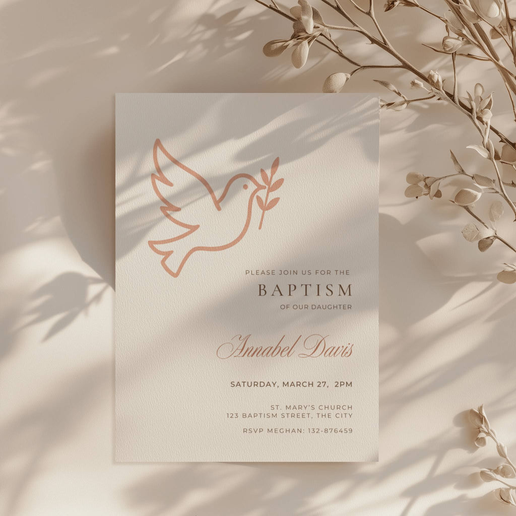 Minimalist baptism invitation with terracotta dove and olive branch in a modern neutral design