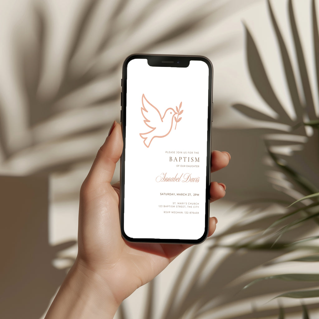 Minimalist baptism invitation with terracotta dove and olive branch in a modern neutral design